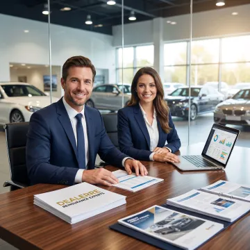 Auto dealership team reviewing reinsurance program options