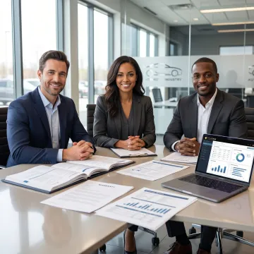 Dealership claims administration support team reviewing reinsurance files