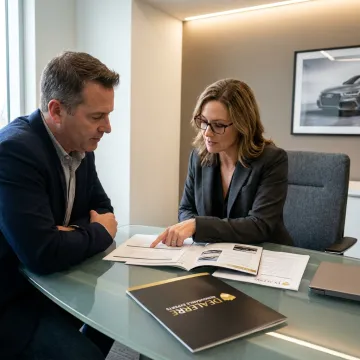 Dealership team reviewing roadside assistance program options