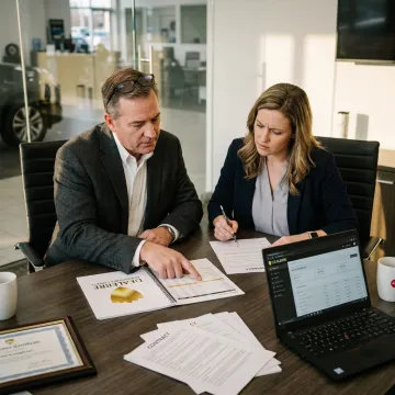 Auto dealer reviewing reinsurance program documents