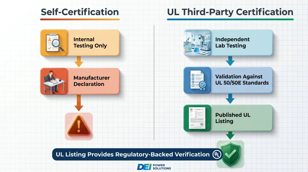 Self-certification versus third-party UL listing enclosure verification process comparison