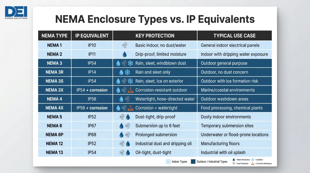 NEMA enclosure types to IP equivalent ratings comparison chart