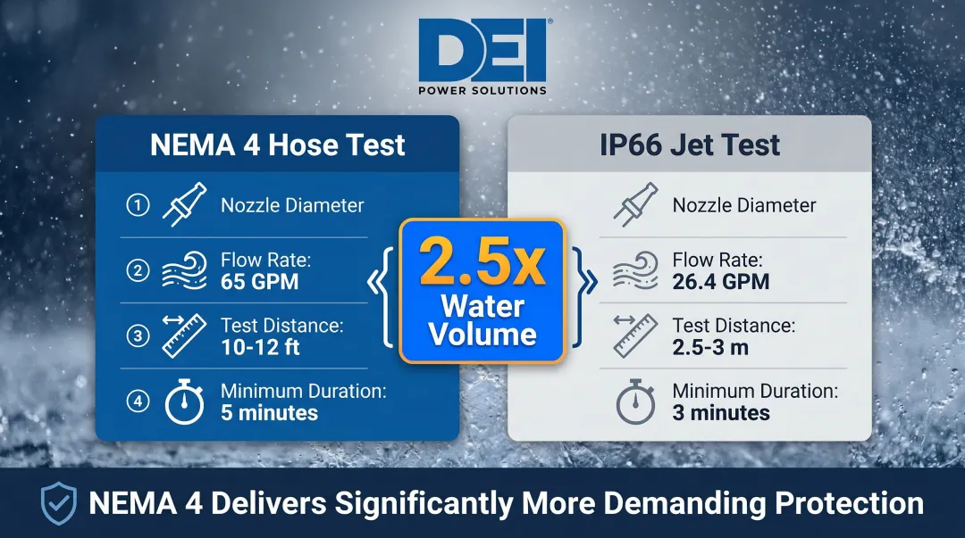 NEMA 4 versus IP66 water jet test parameters side-by-side comparison infographic