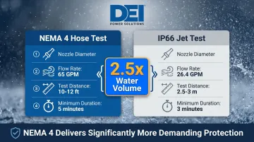 NEMA 4 versus IP66 water jet test parameters side-by-side comparison infographic