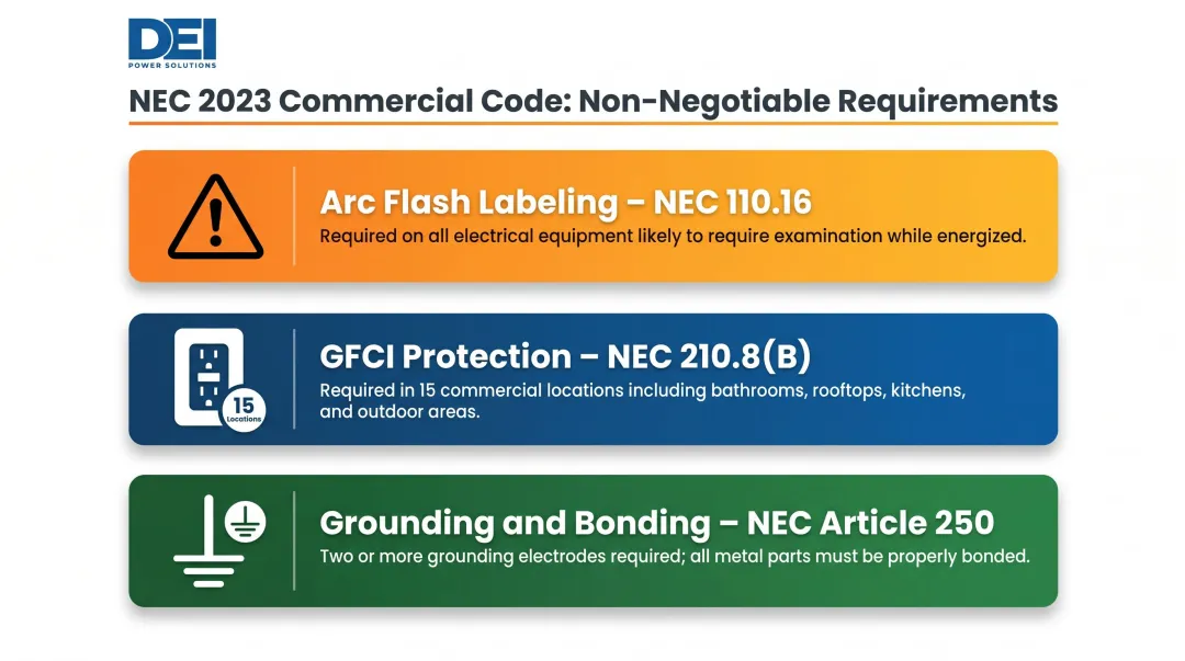 NEC 2023 commercial electrical code compliance requirements arc flash GFCI grounding