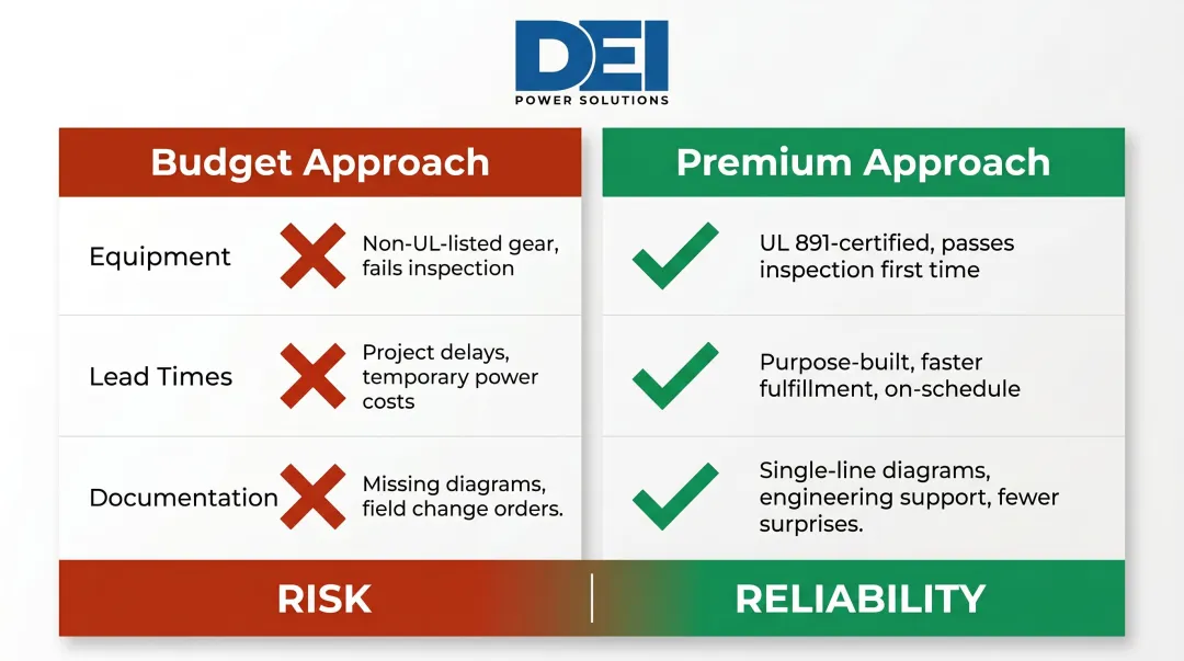 Budget versus premium commercial 400 amp switchgear approach comparison side by side