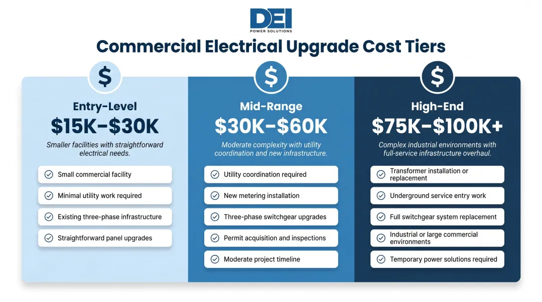 Three commercial 400 amp service upgrade cost tiers entry mid high-end