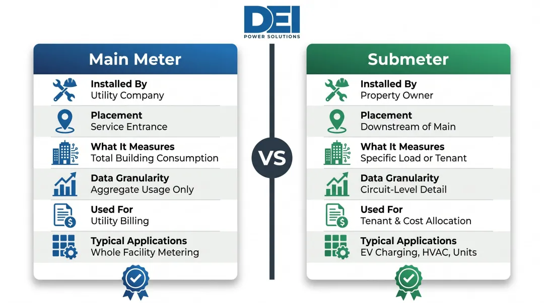 Main meter versus submeter side-by-side attribute comparison infographic