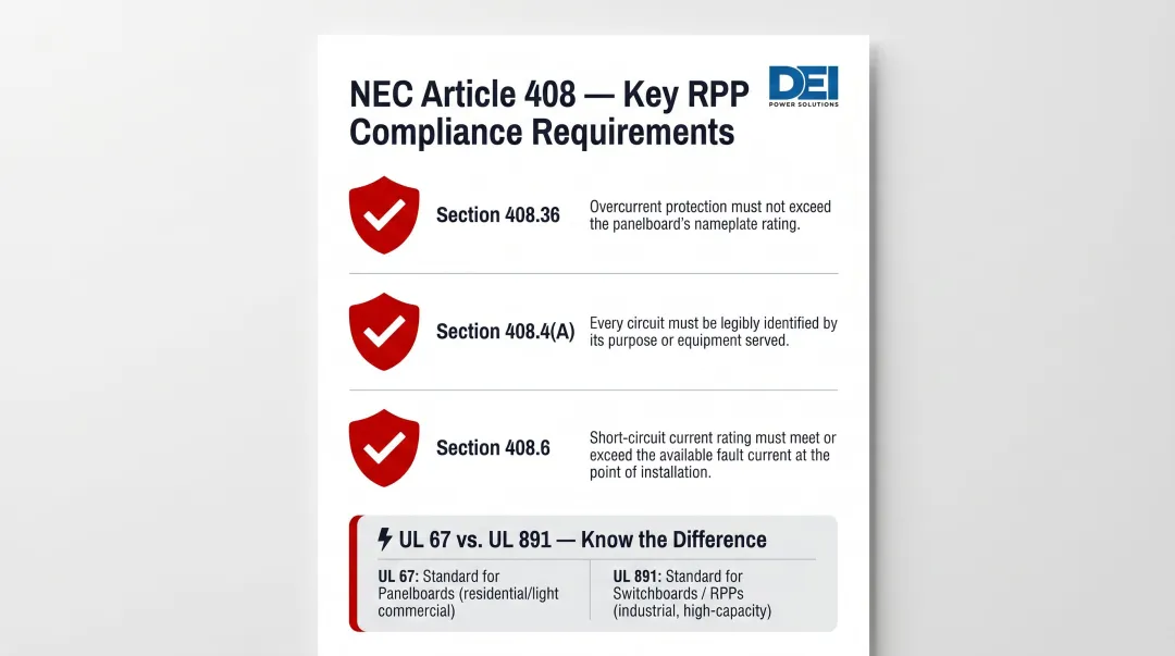 NEC Article 408 panelboard compliance requirements checklist for RPP installations