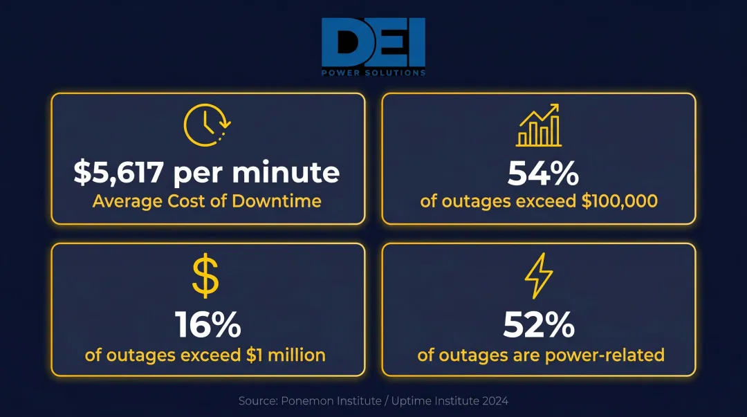 Data center power outage cost statistics showing per-minute and total incident expenses