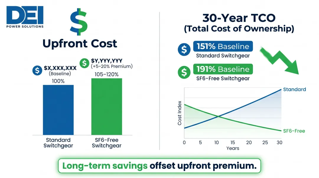 Indoor switchgear upfront cost versus 30-year total cost of ownership comparison chart