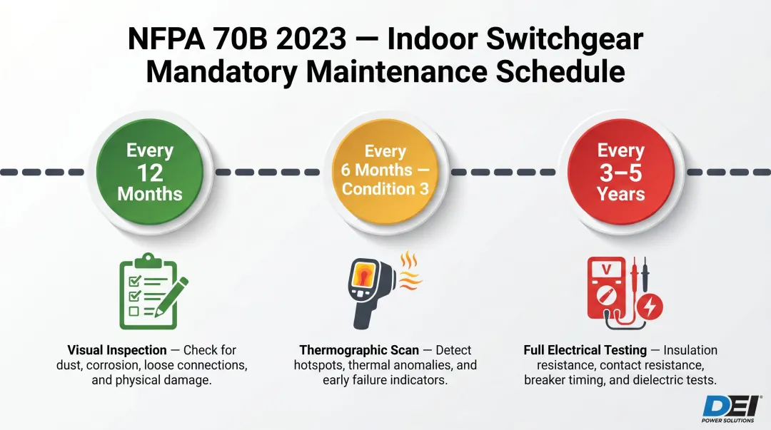 NFPA 70B 2023 indoor switchgear maintenance schedule with inspection intervals timeline