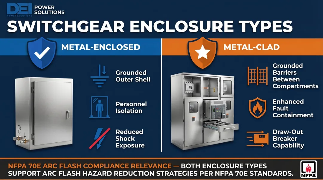 Indoor switchgear arc flash safety enclosure types and NFPA 70E protection comparison