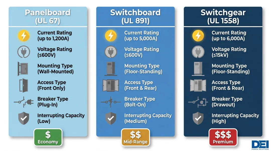 Three-tier electrical distribution comparison panelboard switchboard and switchgear specifications