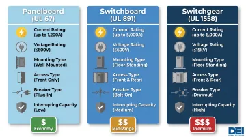 Three-tier electrical distribution comparison panelboard switchboard and switchgear specifications