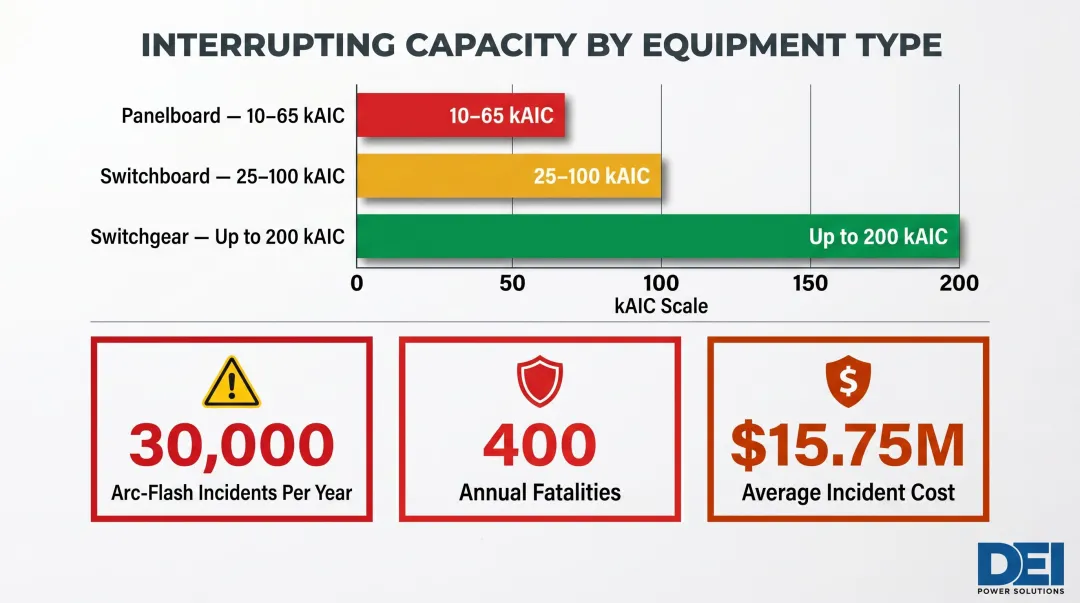 Interrupting capacity comparison panelboard switchboard switchgear arc flash safety statistics