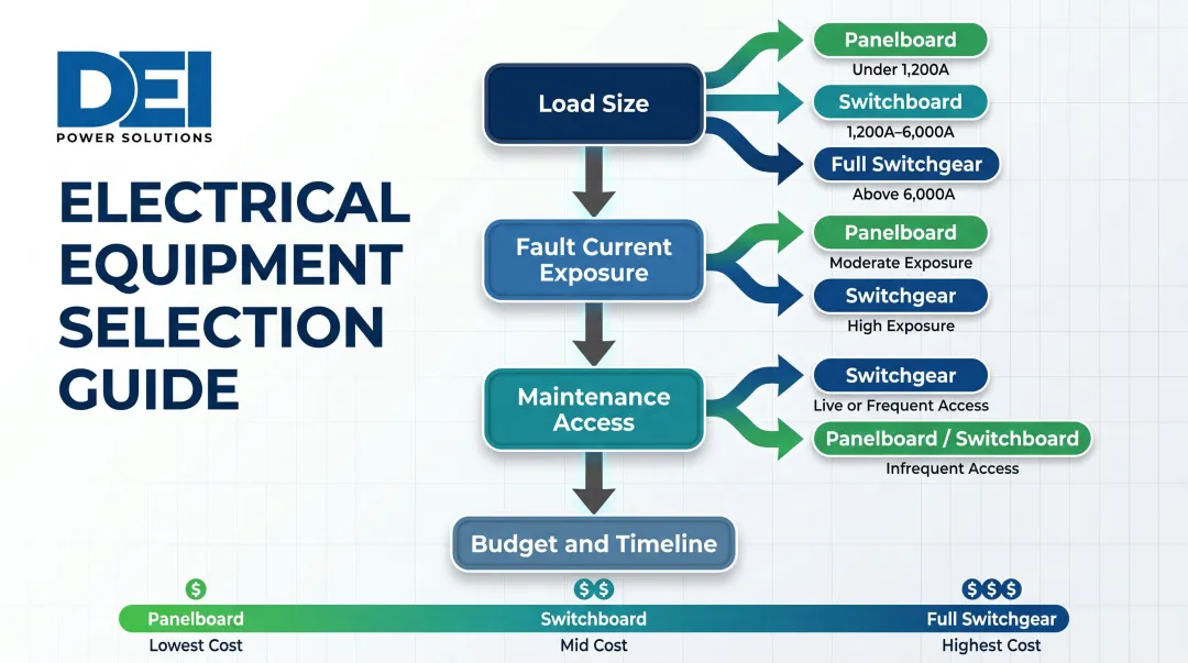 Switchgear versus panelboard project selection decision framework four-criteria flowchart