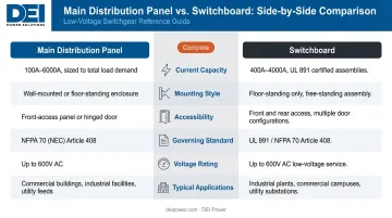 Main distribution panel versus switchboard side-by-side technical comparison infographic
