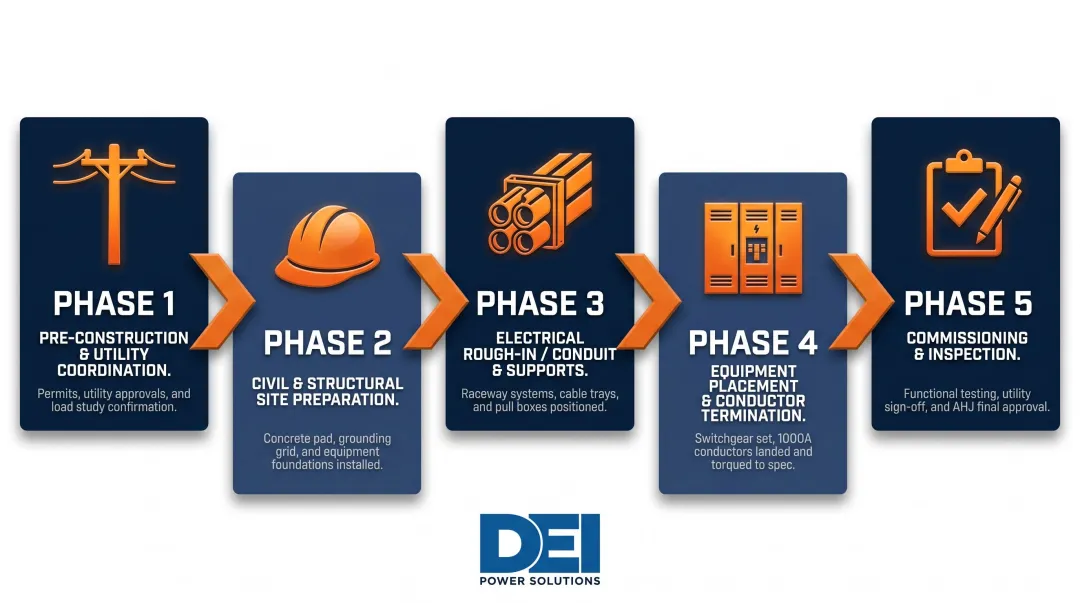5-phase 1000A 480V service installation sequence process flow diagram