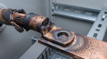 Electrical termination lug failure showing heat damage and arc flash scorching