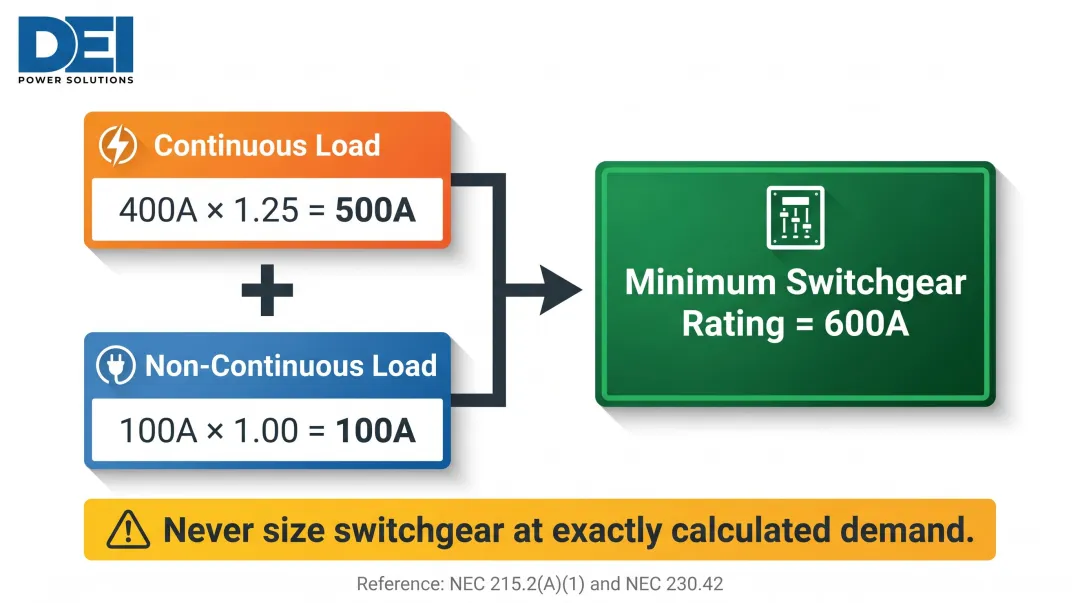 NEC 125 percent continuous load rule switchgear sizing calculation example infographic