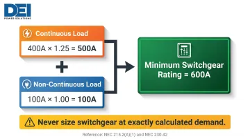 NEC 125 percent continuous load rule switchgear sizing calculation example infographic