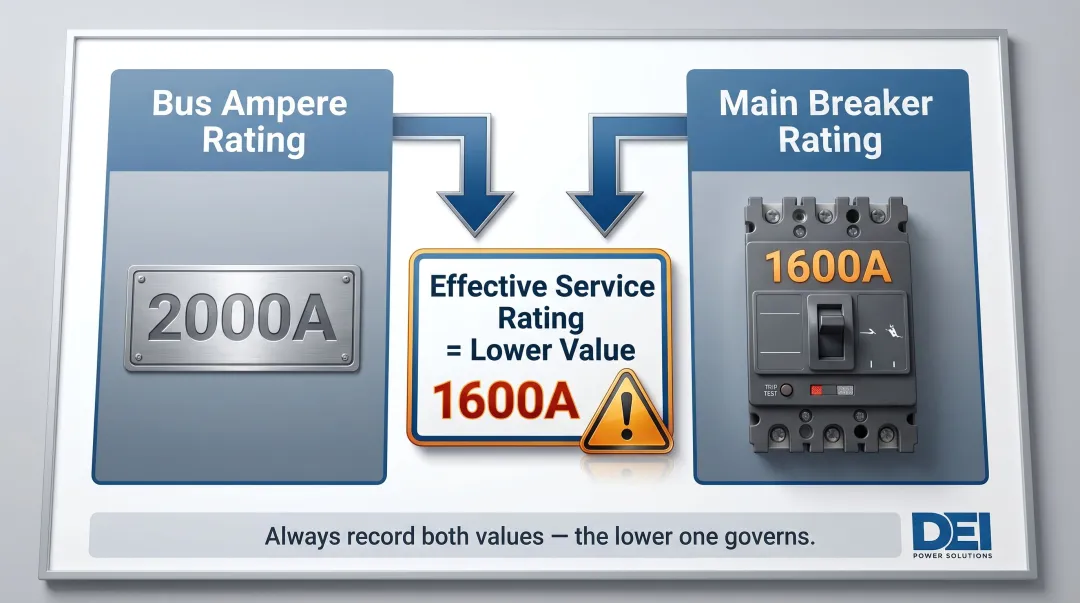 Switchgear nameplate versus main breaker ampere rating comparison diagram