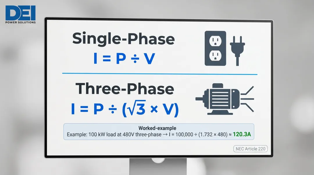 Single-phase and three-phase ampere load calculation formula infographic with worked example