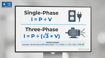 Single-phase and three-phase ampere load calculation formula infographic with worked example