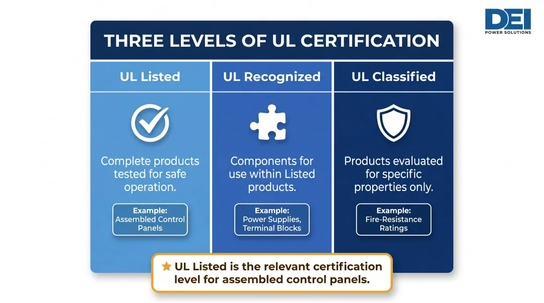 Three levels of UL certification Listed Recognized Classified comparison chart