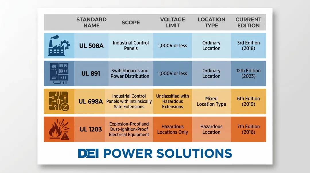 UL 508A UL 891 UL 698A UL 1203 standards comparison table infographic