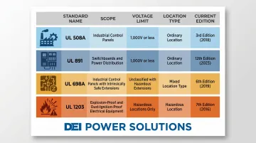UL 508A UL 891 UL 698A UL 1203 standards comparison table infographic