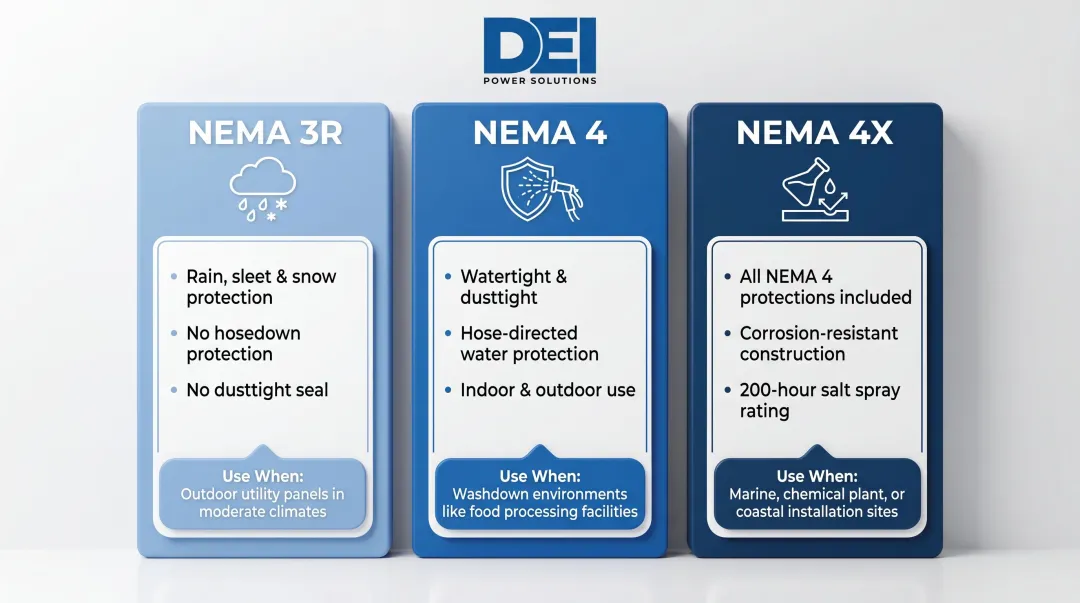 NEMA 3R versus 4 versus 4X outdoor enclosure rating comparison infographic
