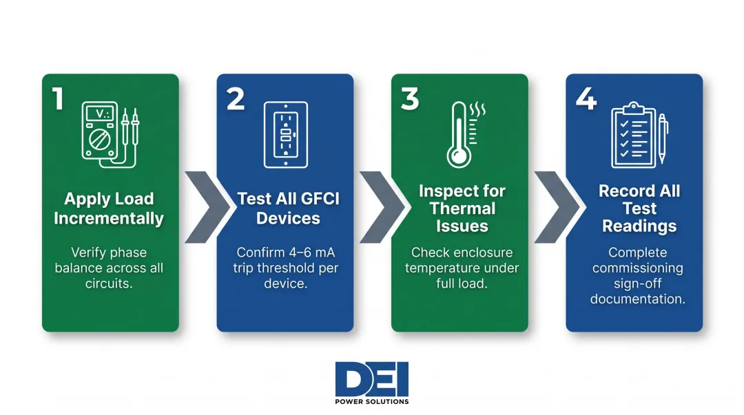 4-step outdoor PDU post-energization functional testing sequence process flow