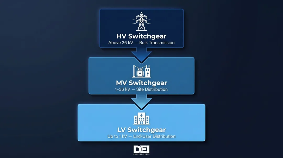Three-tier electrical power system hierarchy LV MV HV switchgear roles