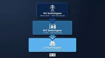 Three-tier electrical power system hierarchy LV MV HV switchgear roles