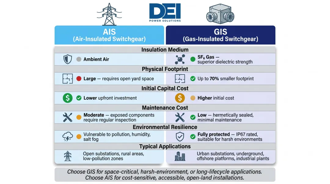Air-insulated versus gas-insulated high-voltage switchgear side-by-side comparison chart