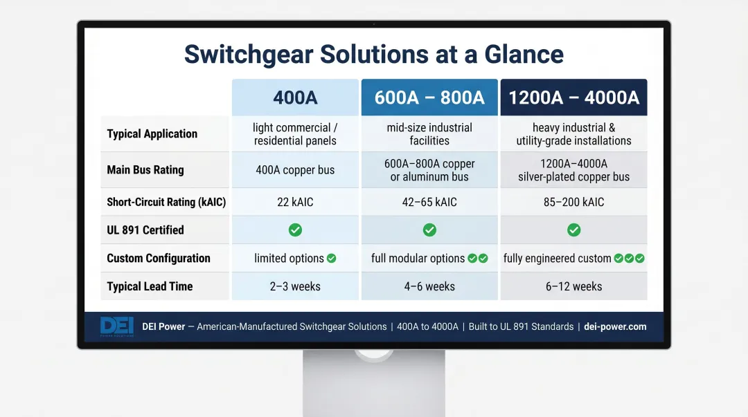 400A versus 600A to 4000A switchgear configuration comparison specification table