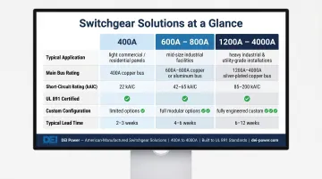 400A versus 600A to 4000A switchgear configuration comparison specification table