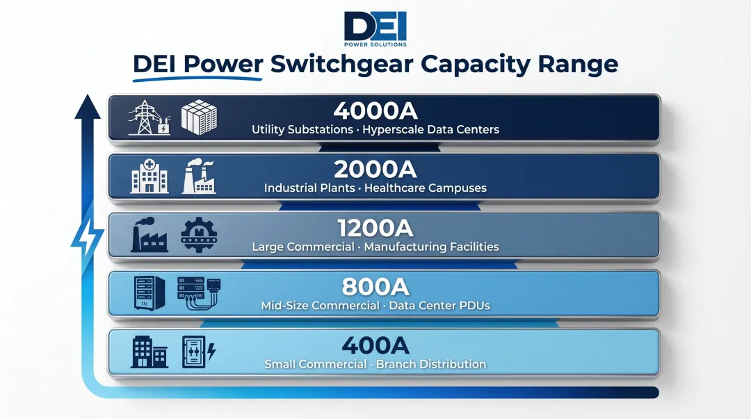 Switchgear ampacity tier range from 400A to 4000A with typical applications