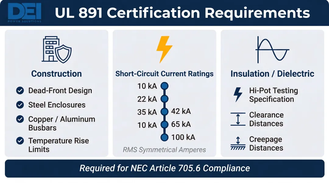 UL 891 switchboard certification three-area requirements breakdown infographic