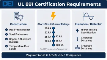 UL 891 switchboard certification three-area requirements breakdown infographic