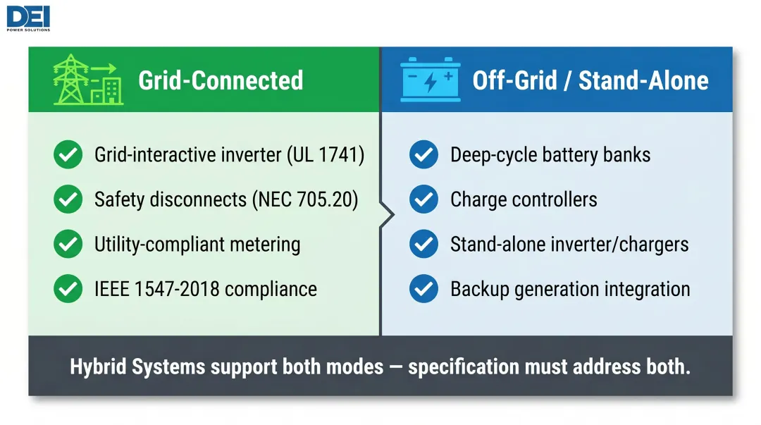 Grid-connected versus off-grid renewable energy distribution equipment requirements comparison chart