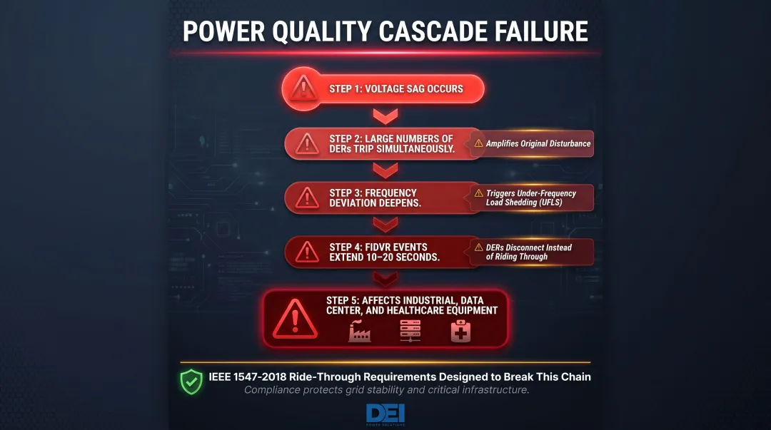 Renewable grid power quality cascading failure chain from voltage sag to load shedding