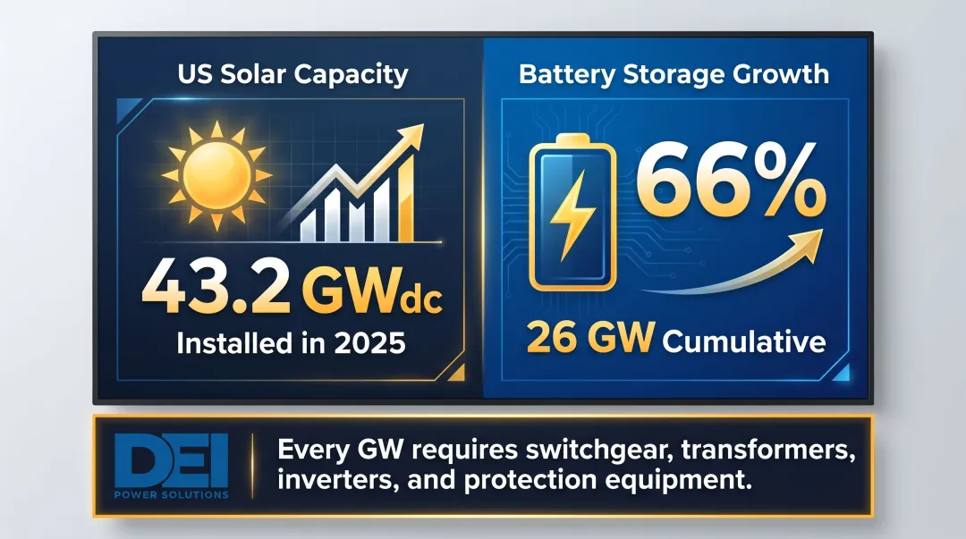 US solar and battery storage capacity growth statistics 2024 to 2025 infographic