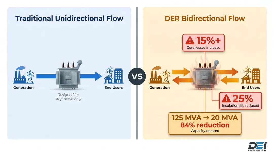 Bidirectional power flow transformer impact reverse power flow losses and derating infographic