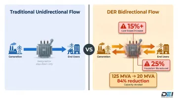 Bidirectional power flow transformer impact reverse power flow losses and derating infographic