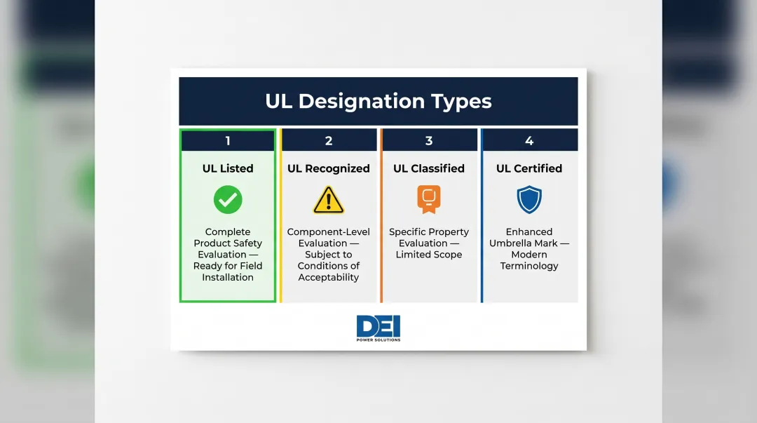 Four UL designation types comparison chart Listed Recognized Classified Certified