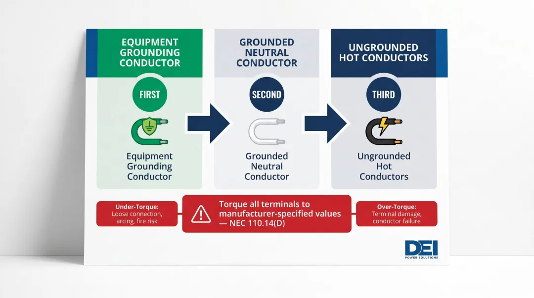 Three-step conductor landing sequence for main service panel installation