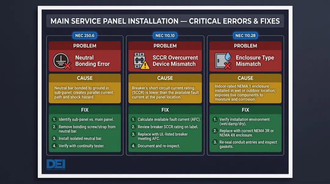 Three common main service panel installation errors causes and field fixes